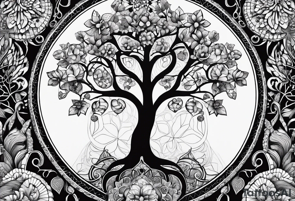 wooded floral psilocybin molecule sacred geometry feminine tree of life dna tattoo idea