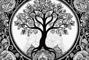 wooded floral psilocybin molecule sacred geometry feminine tree of life dna tattoo idea