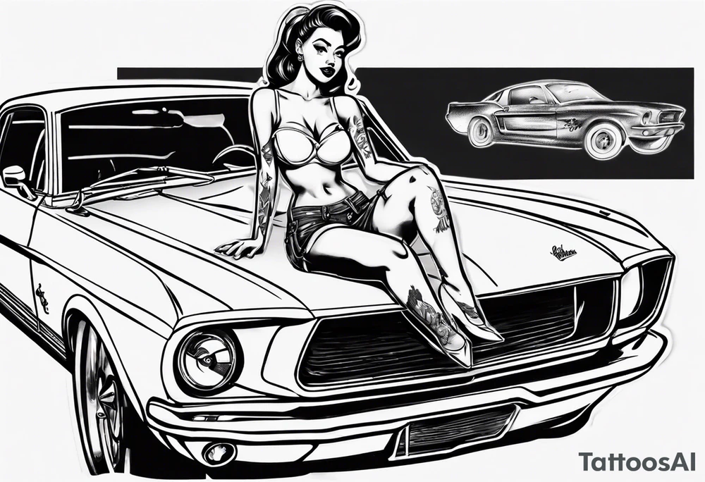 pinup doll sitting on the hood of a mustang car tattoo idea