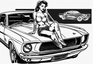 pinup doll sitting on the hood of a mustang car tattoo idea