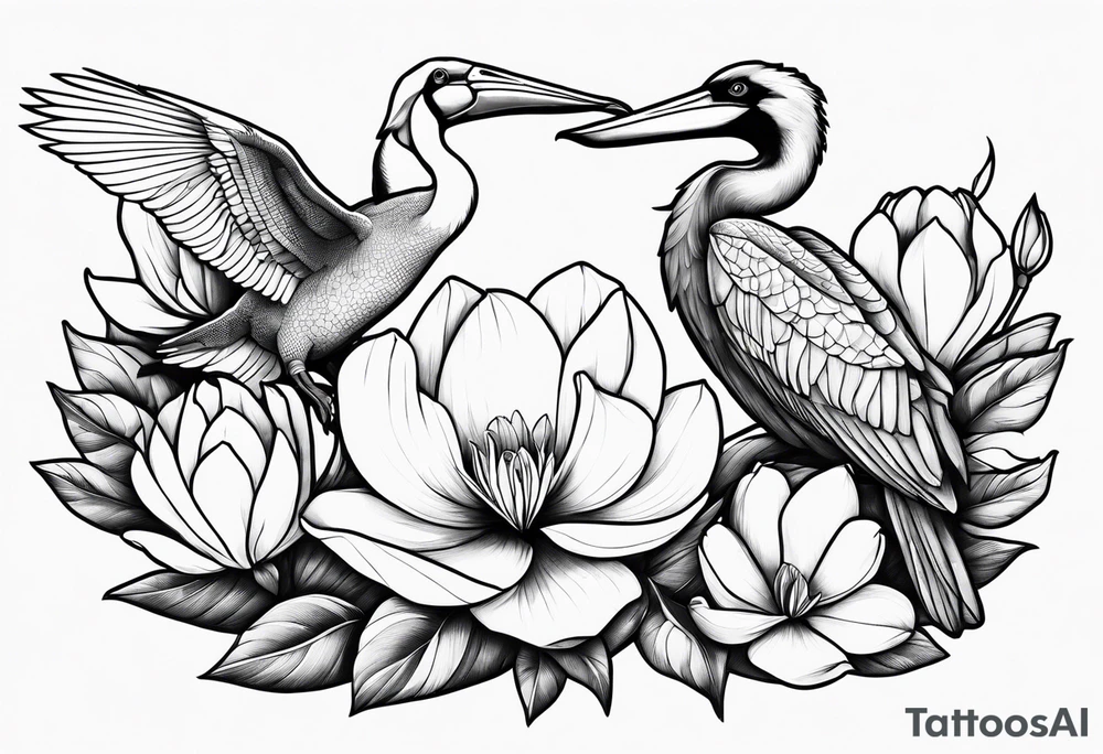 bee, magnolia, pelican, alligator together tattoo idea