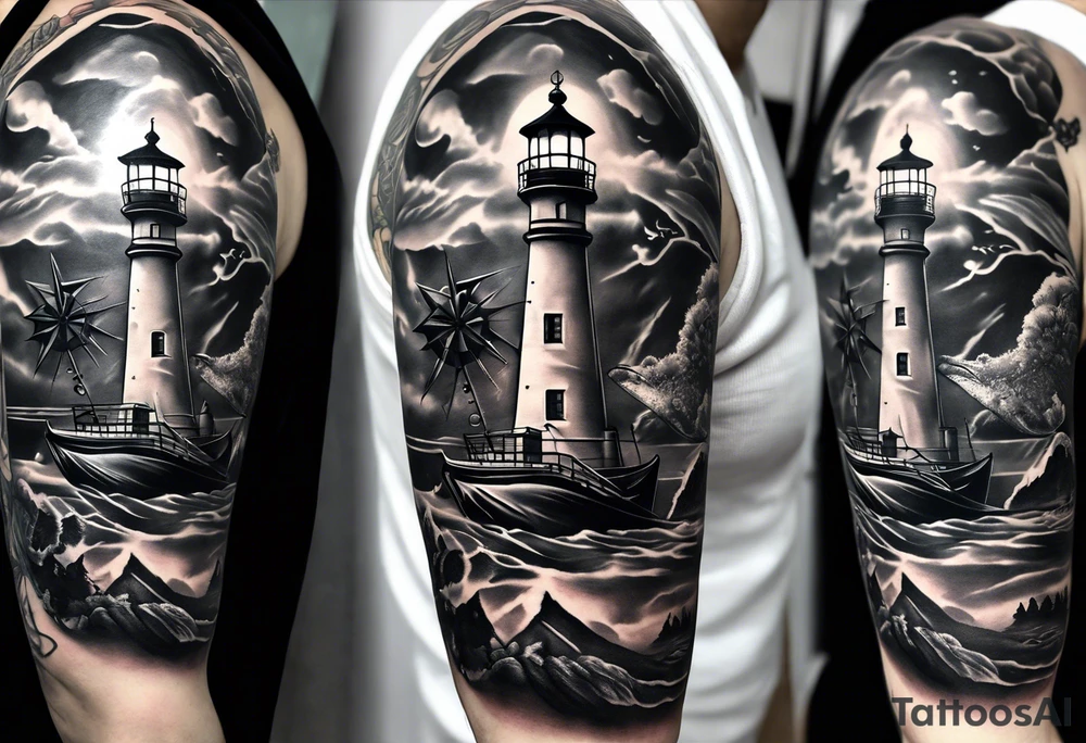 full sleeve tattoo with compass, lighthouse, bermuda triangle theme, crown and anchor dice, lightning in background tattoo idea