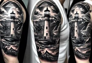 full sleeve tattoo with compass, lighthouse, bermuda triangle theme, crown and anchor dice, lightning in background tattoo idea