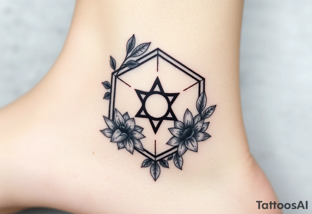 Hexagon Leo symbol larkspurs and water lilies tattoo idea