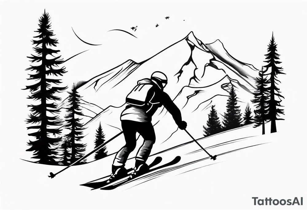 minimalist tattoo of a snow skier sking through trees showing ski trail tattoo idea