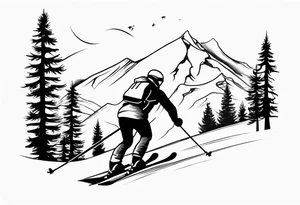 minimalist tattoo of a snow skier sking through trees showing ski trail tattoo idea