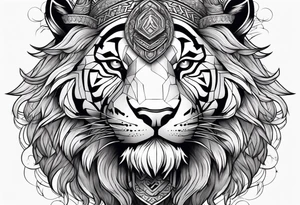 tigers head faded into a lions head with a viking tattoo idea