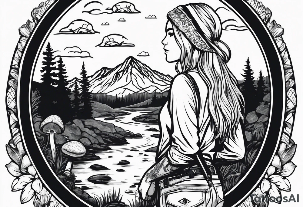 Whole picture encircled fully

Straight long blonde hair hippie girl in distance holding mushrooms in hand facing away toward mountains and creek surrounded by mushrooms long sleeve shirt and hiking pants; whole rendering within a full circle, no cut off circle tattoo idea