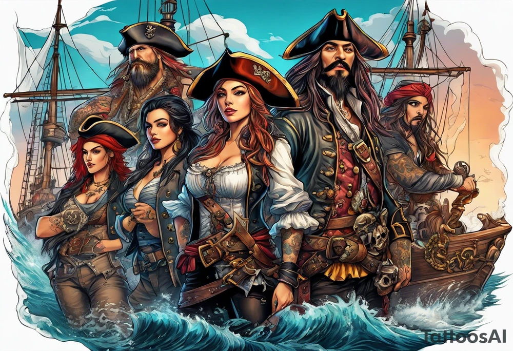 sexy female pirates with a group of skull pirates and a sea monster tattoo idea