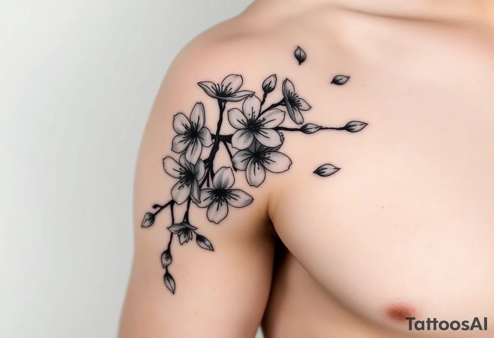 delicate cherry blossoms swirling in spring breeze with petals tattoo idea