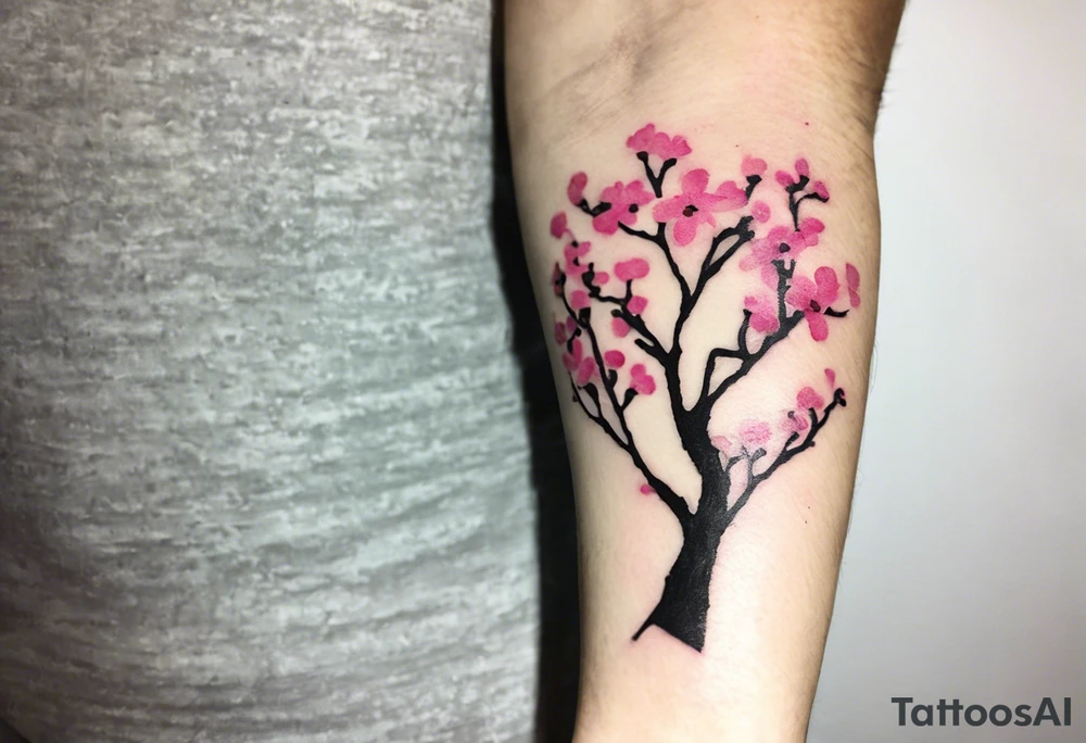 i have a human hand pointing at a skeleton hand tattoo on my left shoulder, the human hand is on the left and ends 3 cm into the wrist of the hand, i want a cherry blossom branch to sprout out of the wrist on the tattoo, then travel down to my arm and wrap around my bicep once, this bit can be floral, then it needs to narrow down and fit through a 7 cm gap in on my forearm then eventually ending in a 10 cm gap on my wrist, this gap can be filled with more blossom flora tattoo idea
