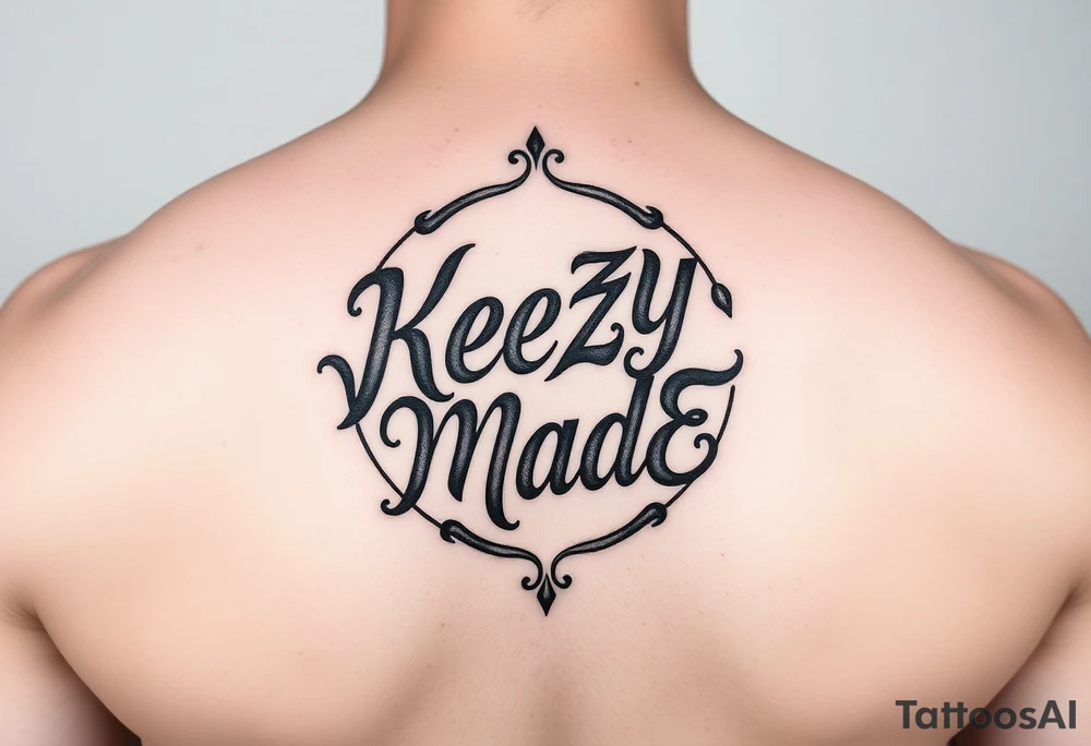 letters only fancy but rugged twisted and intertwined circular arched curvy lettering in a circular  forum that would be clothing brand style that says (KeezY MadE) almost like the the roca wear symbol clothing brand trademark tattoo idea