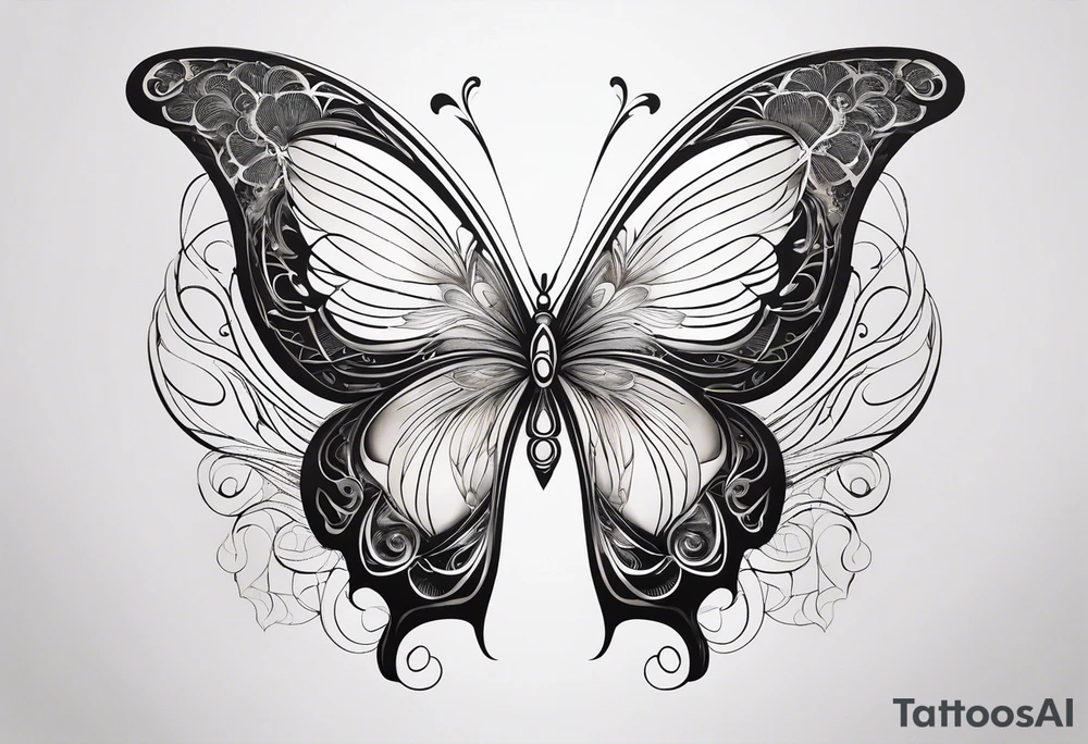 Feminine butterfly with fine lines, incorporating subtle sun and moon symbols in the wings, flowing curves representing the balance of fire and water, all in a minimalist, elegant style. tattoo idea