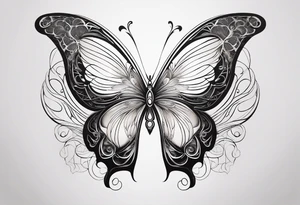 Feminine butterfly with fine lines, incorporating subtle sun and moon symbols in the wings, flowing curves representing the balance of fire and water, all in a minimalist, elegant style. tattoo idea