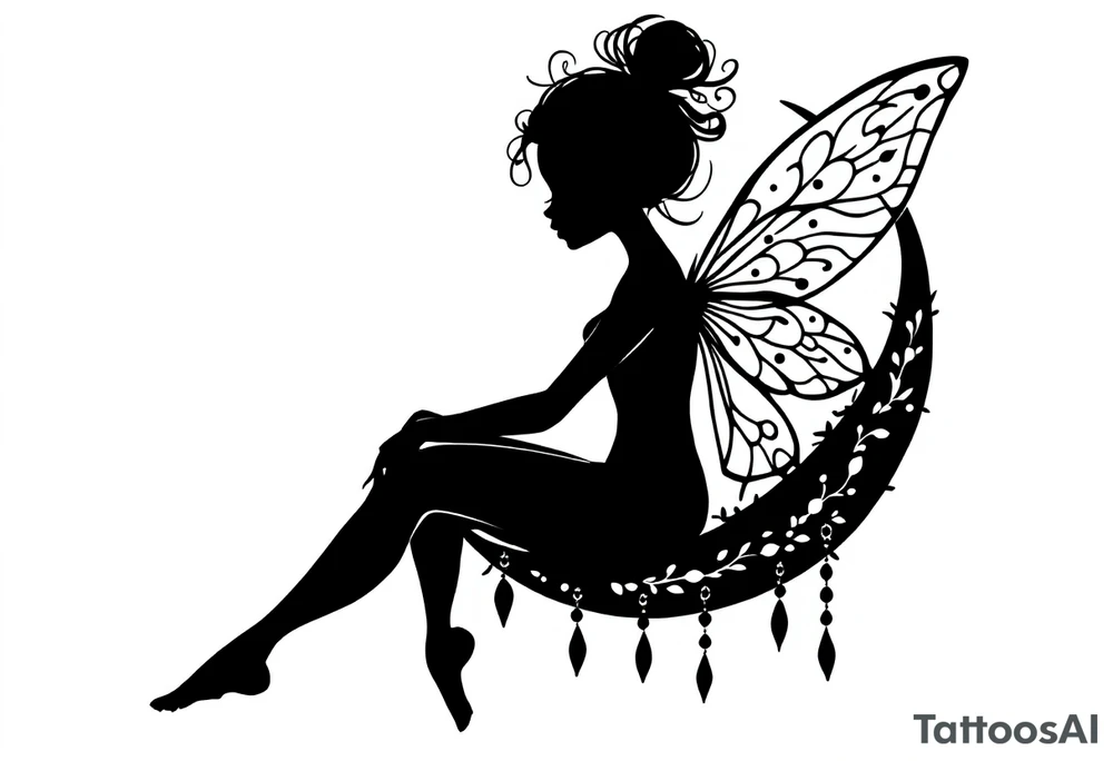 Silhouette of a Fairy sitting on moon with dangles. tattoo idea