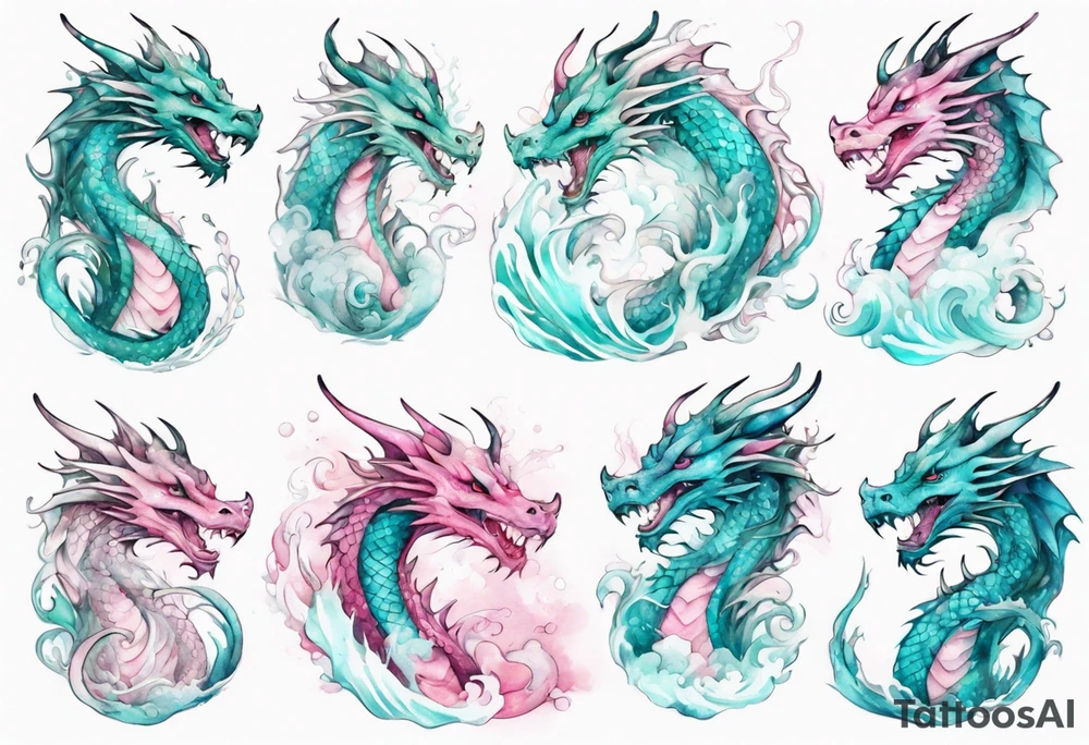 a beautiful turquoise pink and white dragon rising from the waves of the sea with a feminine face tattoo idea