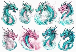 a beautiful turquoise pink and white dragon rising from the waves of the sea with a feminine face tattoo idea