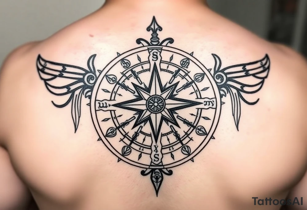 Create a line work Viking compass using symbols for protection, wisdom, and knowledge from both the Aztec and Viking cultures. Make the image very simple and able to print. Outline only not a lot of thick black use elder futhark runes for protection, wisdom and luck. tattoo idea