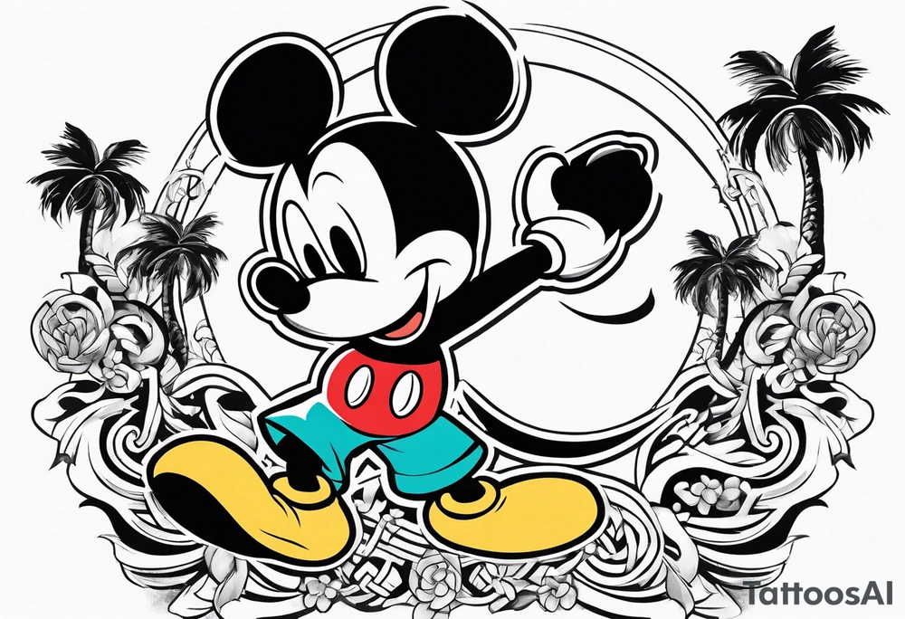 mickey mouse doing martial arts with palm trees, lightning and the celtic symbol for family tattoo idea