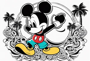 mickey mouse doing martial arts with palm trees, lightning and the celtic symbol for family tattoo idea