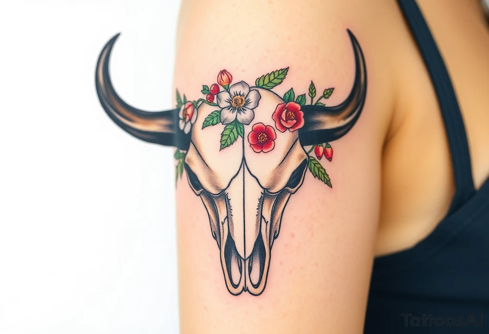 Buffalo skull with flowers. Peony, snowdrop, holly with berries, larkspur, peony. Colour. For upper arm. Masculin. 

Have one peony and snowdrop above horns. Have holly with berries, larkspur, peony below horns. tattoo idea