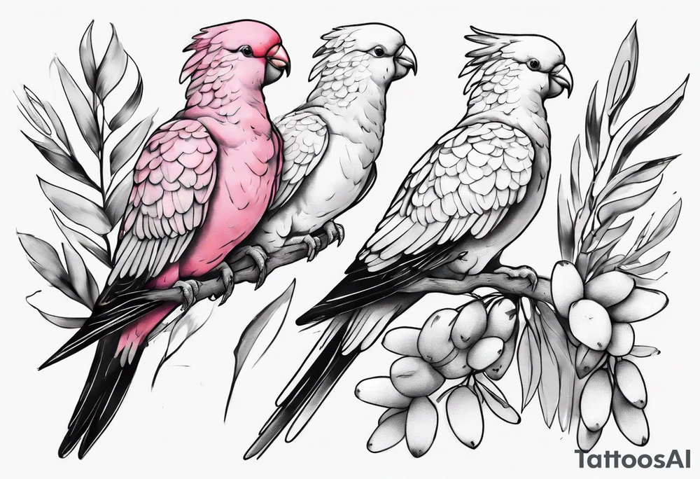 Galahs sitting on wattle and eucalyptus leaves tattoo idea