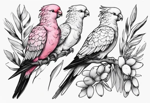Galahs sitting on wattle and eucalyptus leaves tattoo idea