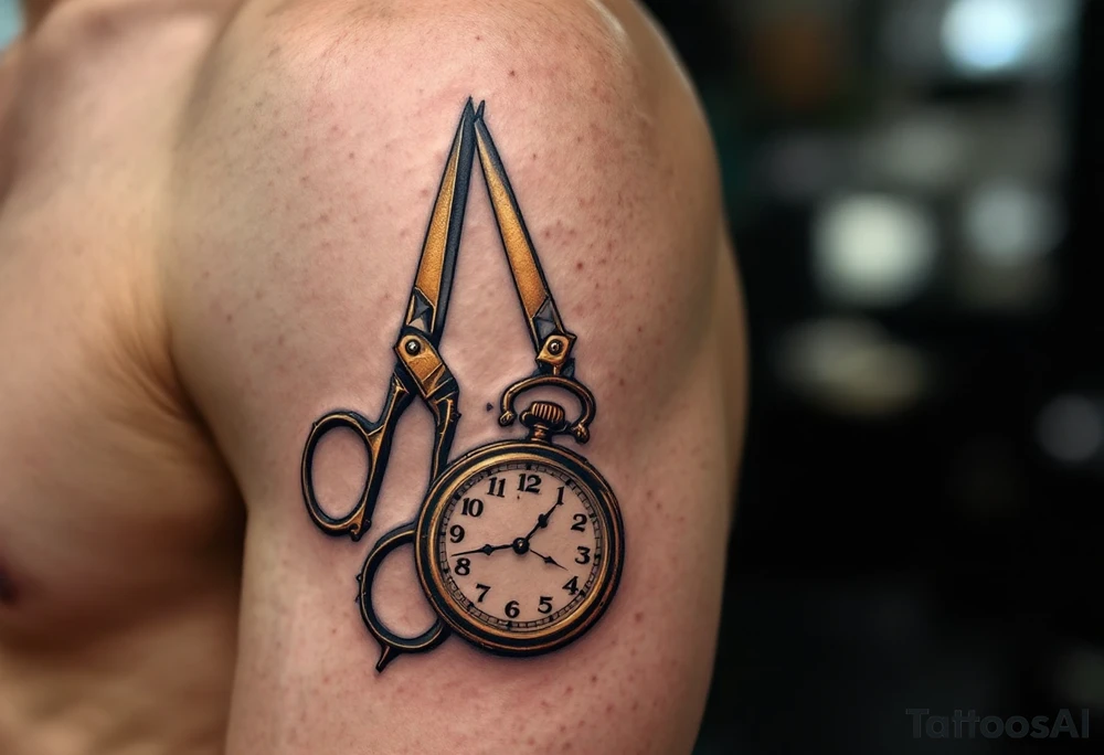Scissors and Clock Tattoo – A vintage-style pair of brass scissors placed near an old-fashioned pocket watch, with black and gold tones to create a sense of timelessness, symbolizing the passage of time and the precision of moments. tattoo idea