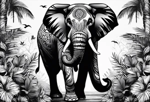 “A majestic elephant with its trunk raised, surrounded by tropical foliage, symbolizing memory and strength tattoo idea