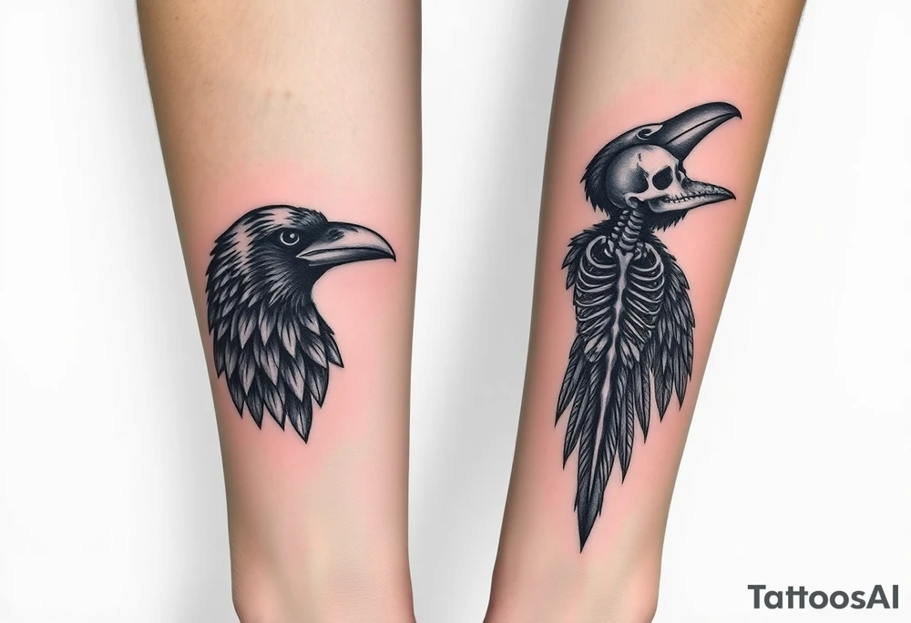 Double forearm tattoo with one normal crow head and the other forearm with a skeleton of a crows head. Each arm having feathers not attached to crows and a moon joining in the middle of both forearms tattoo idea