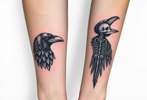 Double forearm tattoo with one normal crow head and the other forearm with a skeleton of a crows head. Each arm having feathers not attached to crows and a moon joining in the middle of both forearms tattoo idea