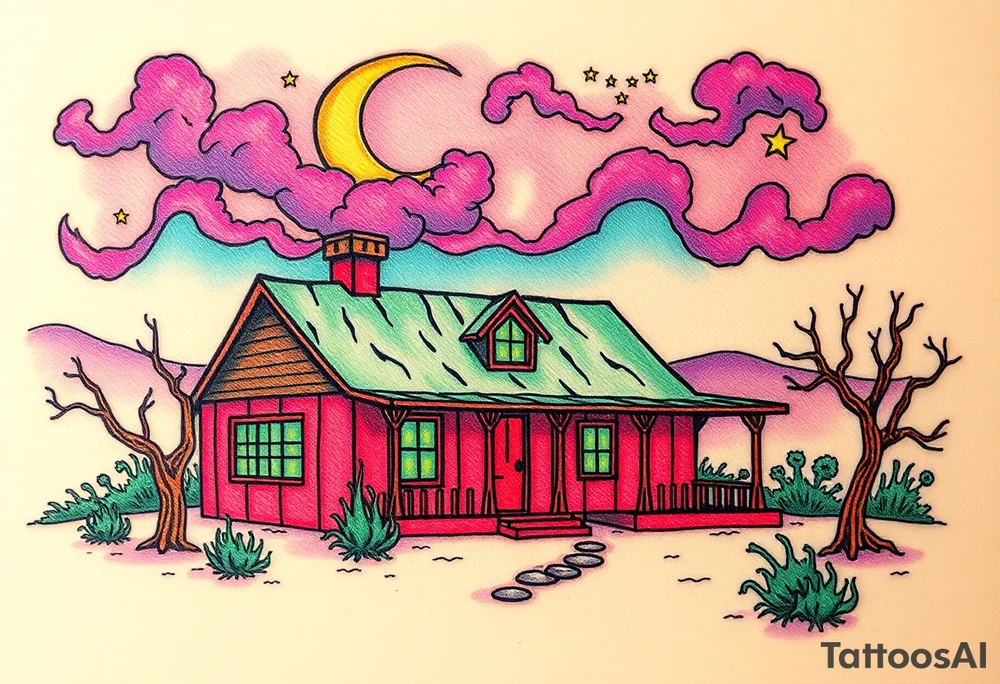 Tim Burton’s haunted desert bungalow is abandoned and dripping with muted reds, dusty pinks, and eerie green glow.purple and cyan smokey clouds swirl in the crescent moonlit sky thats sprinkled with stars tattoo idea tattoo idea