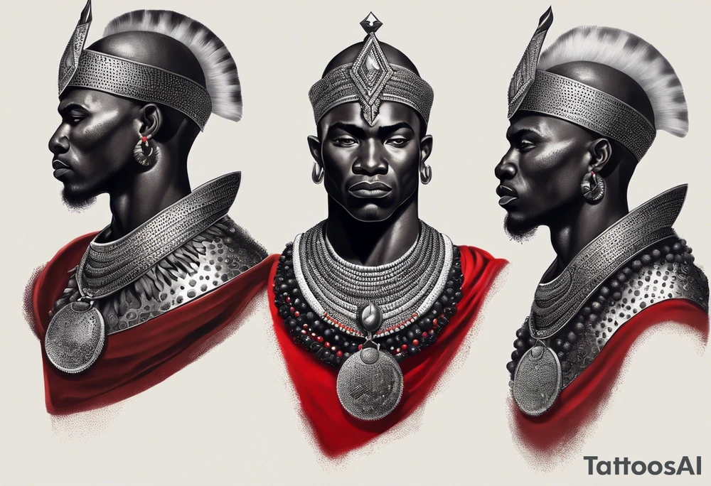Black-skinned bald african warrior. He is a god of the war. Wears a simple red necklace and a silver crown tattoo idea