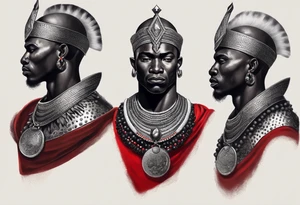 Black-skinned bald african warrior. He is a god of the war. Wears a simple red necklace and a silver crown tattoo idea