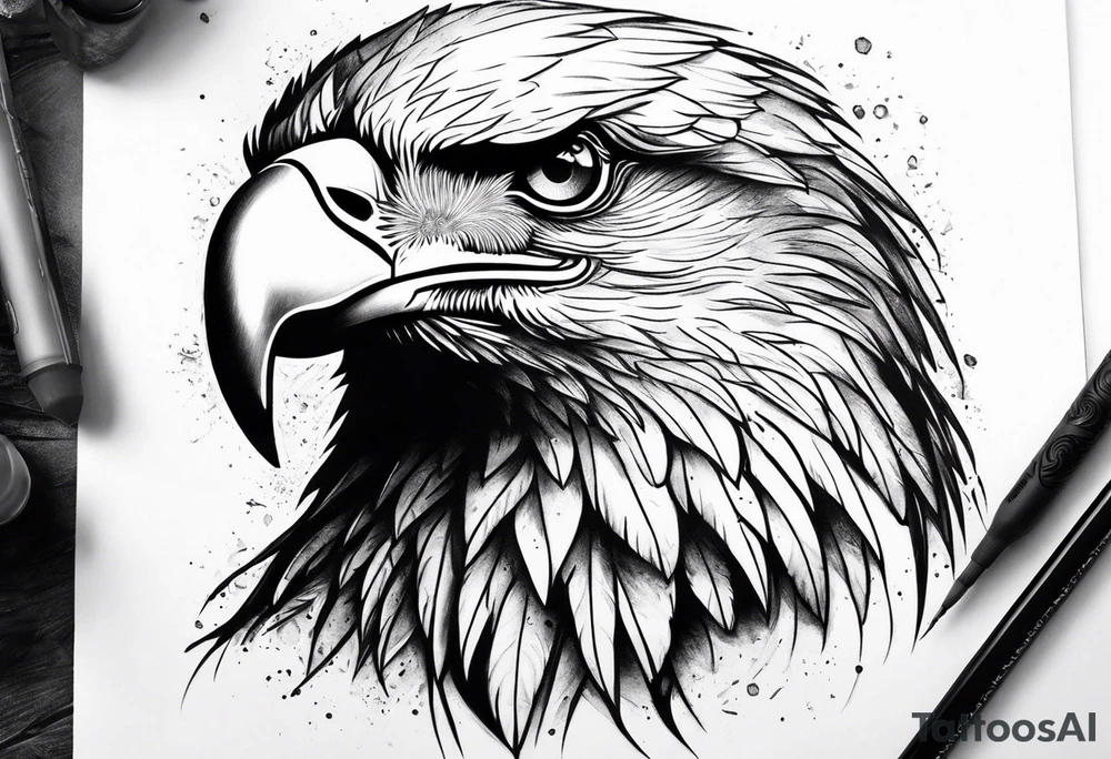 powerful eagle head on thigh with female face below tattoo idea