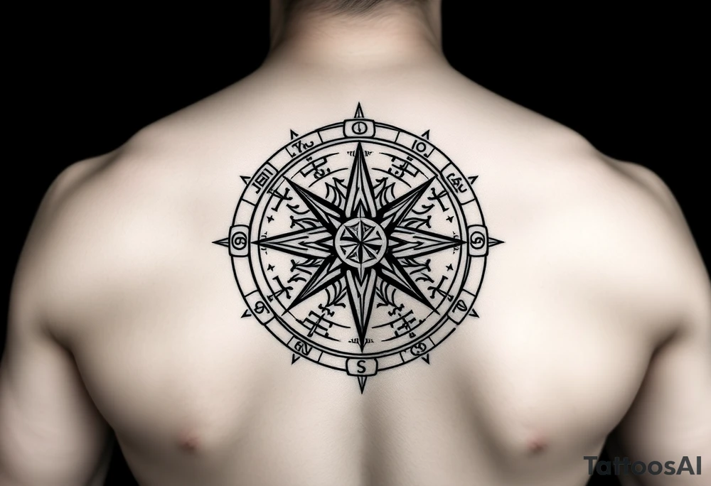 Create a line work Viking compass using symbols for protection, wisdom, and knowledge from both the Aztec and Viking cultures. Make the image very simple and able to print. Outline only not a lot of thick black use elder futhark runes for protection, wisdom and luck. tattoo idea