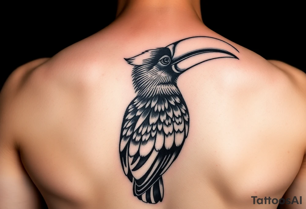 image of a Kalimantan ivory-horned hornbill with a Dayak motif woven background tattoo idea
