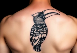 image of a Kalimantan ivory-horned hornbill with a Dayak motif woven background tattoo idea