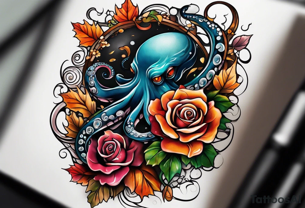 abstract left thigh tattoo with an octopus in water swirls wrapping around rocks, a rose, in fall colors with some small leaves and fall elements tattoo idea