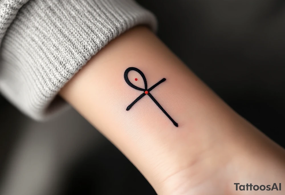 A minimalist black ink Ankh with a tiny red dot at the center, symbolizing life’s eternal spark. tattoo idea