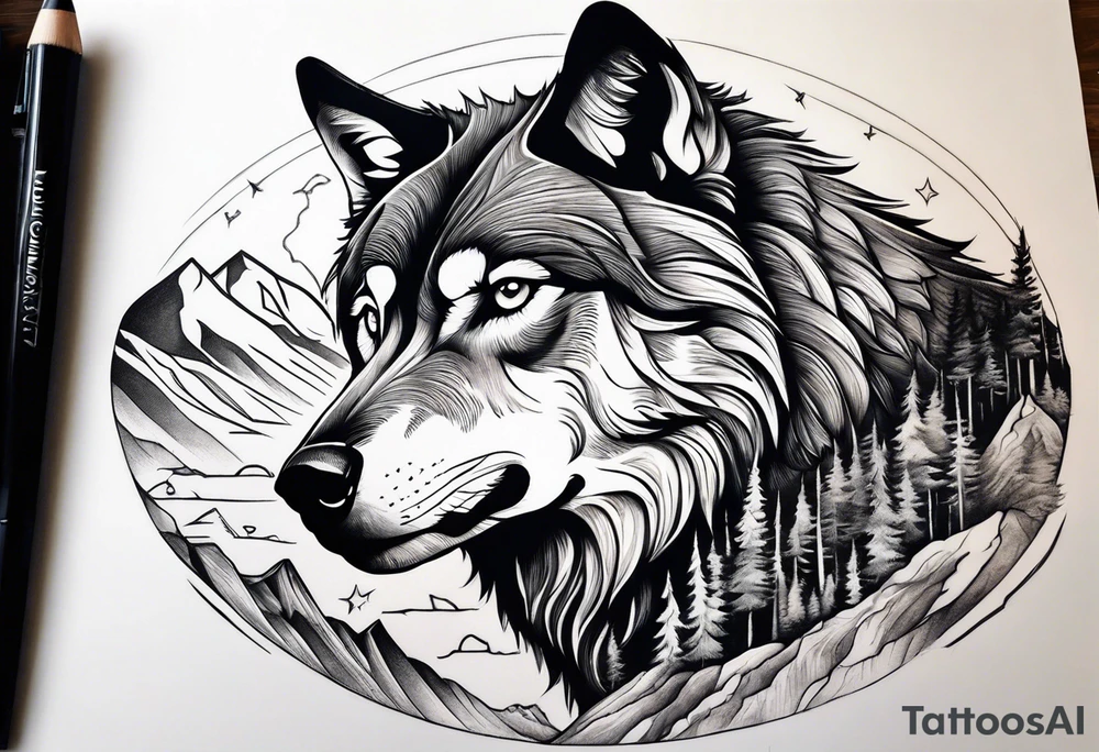 Mountains, wolf eyes underneath tattoo idea