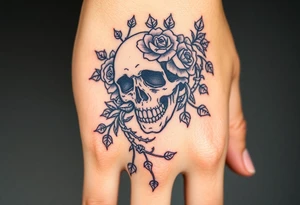 gothic skull intertwined with climbing roses and thorny vines tattoo idea