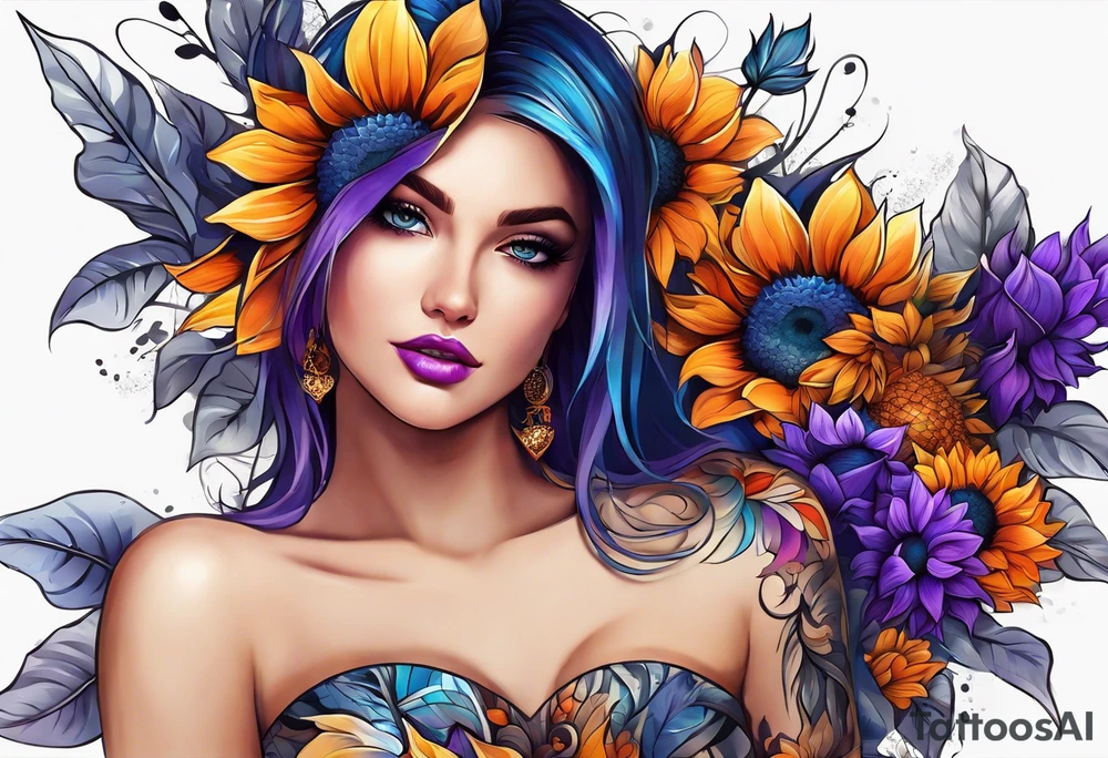 Full arm sleeve with purple, orange and blue sunflowers tattoo idea