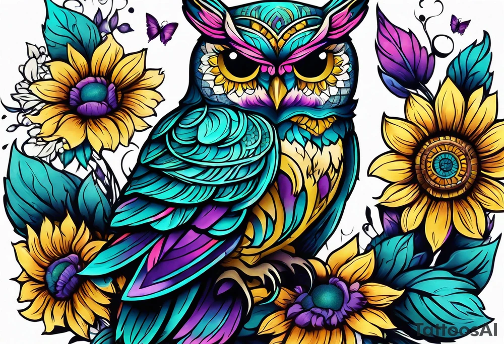 Leg Sleeve with teal, pink and purple owl and yellow sunflowers tattoo idea