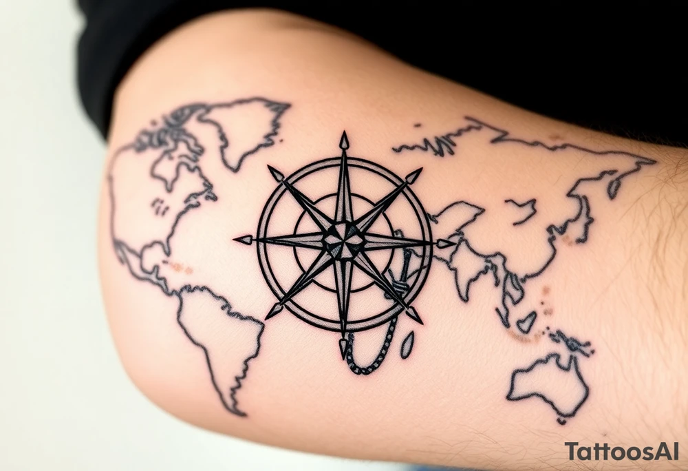 antique compass rose overlaid on weathered world map with sailing ships tattoo idea
