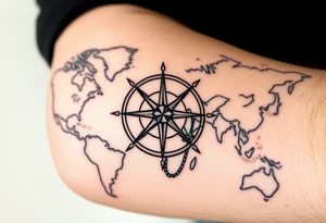 antique compass rose overlaid on weathered world map with sailing ships tattoo idea