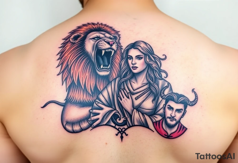 Roaring Leo lion holding virgo woman with robe and wavy hair, add Sagittarius female and Capricorn male below these tattoo idea