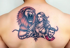 Roaring Leo lion holding virgo woman with robe and wavy hair, add Sagittarius female and Capricorn male below these tattoo idea