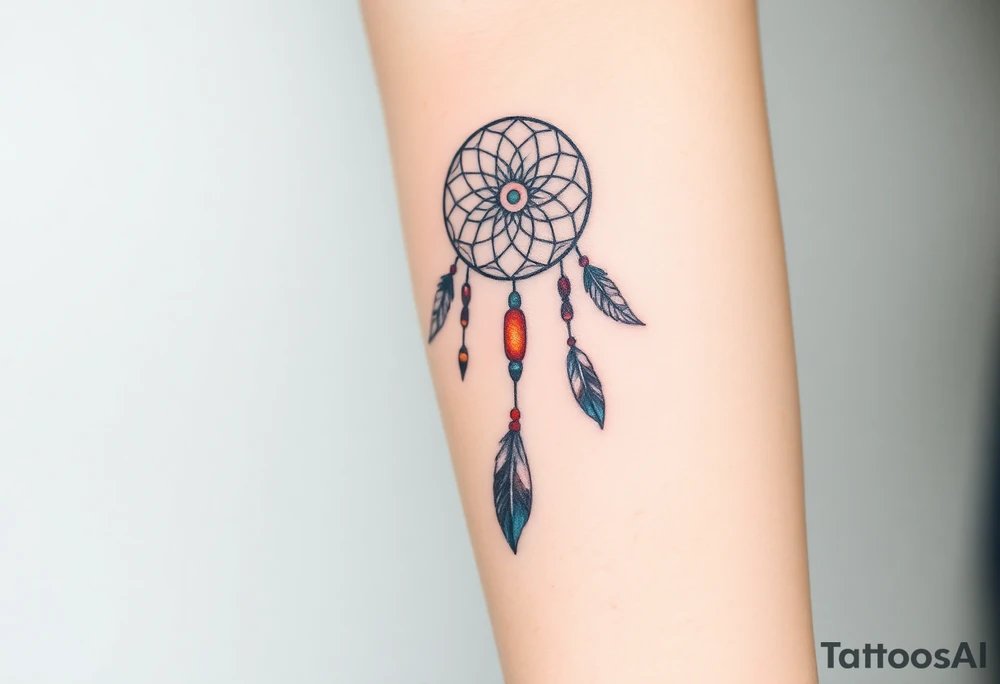 native dreamcatcher with flowing feathers and sacred beads tattoo idea
