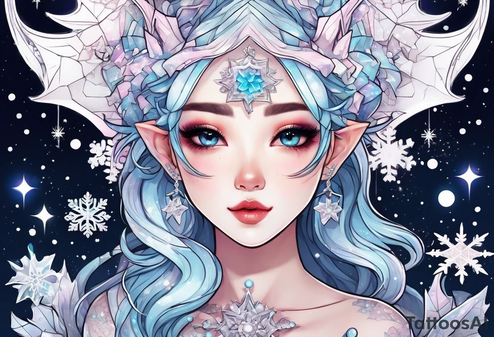 Constellation, kawaii dragon girl , snowflake tattoo idea